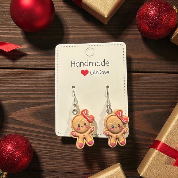Handmade Gingerbread Earrings | Christmas Earrings | Polymer Clay Jewelry - Picture 1 of 8
